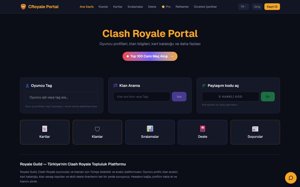 Royale Guild home page: player and clan search, card catalog and live match feed