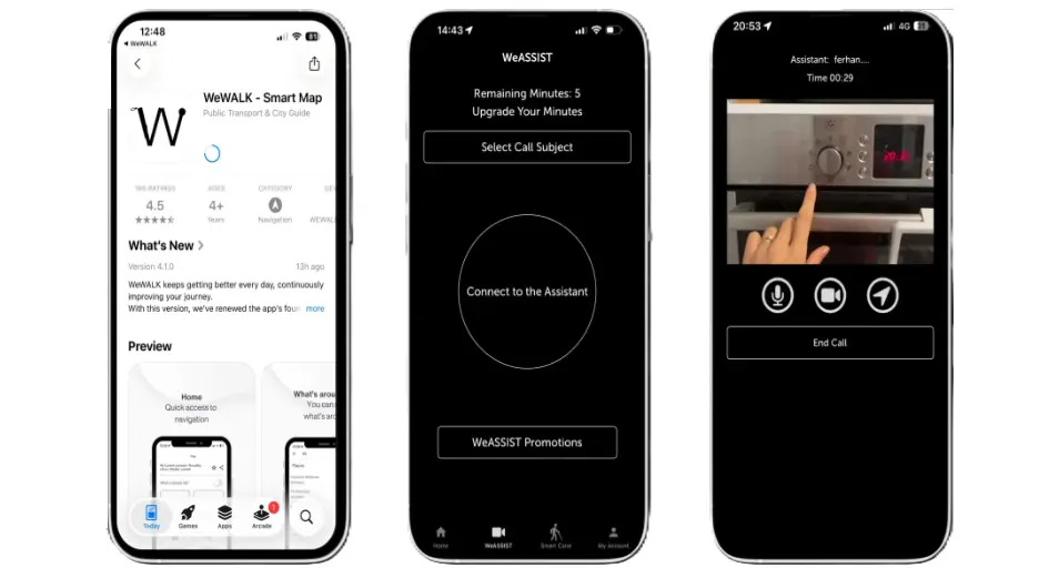 WeWALK mobile app: App Store listing, WeASSIST call screens and live remote assistance